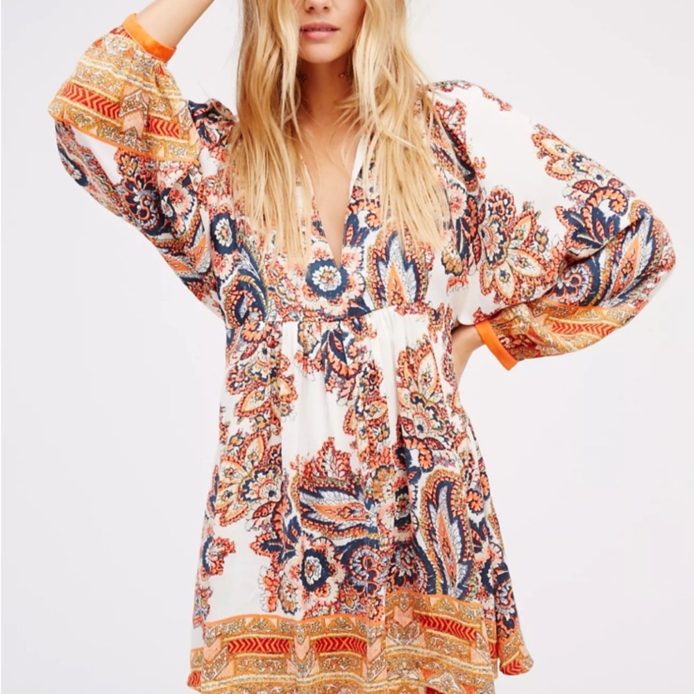 Free People Say You Love Me Paisley Baby doll Empire Waist Boho Mini Dress 3699
